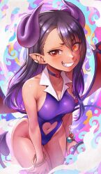 1girls amaguchi_chiyoko black_hair breasts brown_eyes clothed clothing collar demon_girl demon_horns demon_tail demon_wings earrings female female_focus female_only hayase_nagatoro hi_res highres human human_only long_hair looking_at_viewer navel please_don't_bully_me,_nagatoro pose revealing_clothes simple_background small_breasts smile solo succubus tan tan-skinned_female tan_body tan_skin tanline tanned tanned_female