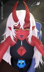 akumi breasts female horns oni oni_horns red_skin scars virtual_youtuber vyugen white_hair yellow_eyes