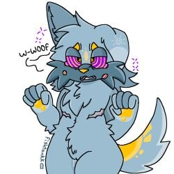 barking blue_fur bodily_fluids canine cuntboy cuntboy_focus cuntboy_only drooling floppy_ears furry_only hands_up hypnosis hypnotic_eyes intersex legs_together oc original_character purple_sclera sonic_oc tail thighs wet_pussy white_background yellow_nose yellow_pawpads