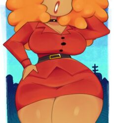 belt big_breasts breasts curly_hair hand_in_hair hand_on_own_hip light-skinned_female light_skin powerpuff_girls readraws reahmi red_dress red_lipstick rekkadraws sara_bellum solo teeth thick_thighs