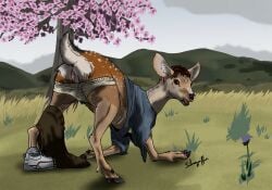 absurd_res anatomically_correct anatomically_correct_genitalia anatomically_correct_pussy animal_genitalia anus bottomwear brown_body brown_eyes brown_fur brown_hair cervine cervine_genitalia cervine_pussy cherry_blossom clothing cloven_hooves deer female feral feral_only fur gender_transformation genitals grass hair hi_res hooves human_to_feral mammal mtf_transformation outside pants plant pussy shirt sika_deer silvergriffin21 solo species_transformation tail topwear transformation underwear