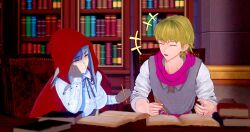 1boy 1girls 3d annoyed arm_support bangs belt blonde_hair book bored breasts chair closed_eyes female fire_emblem fire_emblem_fates gloves grey_hair hamma_hamma holding_object holding_pen hood indoors large_breasts library long_hair long_sleeves male meme multicolored_hair nintendo on_chair pen pointy_ears purple_hair reading red_eyes ring short_hair siegbert_(fire_emblem) sitting story_at_source talking velouria_(fire_emblem) wolf_girl