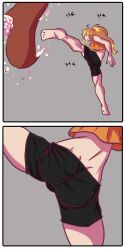 1girls black_shorts blonde_female blonde_hair female female_only kick kicking long_hair long_hair_female looking_at_ass mr.russo ponytail punching_bag rwby showing_ass tank_top yang_xiao_long