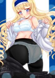 1girls artist_name ass big_ass big_breasts blonde_hair blue_eyes bow breasts busty cecilia_alcott cleavage drill_hair fat_ass hairbow highres huge_ass image infinite_stratos kneeling large_breasts legs long_hair looking_at_viewer looking_back open_clothes open_shirt panties pantyhose puckered_lips sensual skirt thick_thighs thighs unbuttoned underwear unworn_skirt very_long_hair