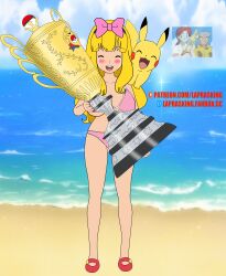 ash_ketchum ashley_ketchum beach beach_background bikini blonde_hair blush closed_eyes crying female game_freak genderbent laprasking nintendo open_mouth pikachu pokemon porkyman rule_63 tears