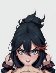 1boy 1girls ai_generated all_the_way_to_the_base balls_deep black_hair blowjob blue_eyes dark_blue_hair deepthroat deepthroat_holder eye_contact fellatio female fringe kill_la_kill lips looking_at_viewer matoi_ryuuko oral oral_sex pale-skinned_female petite ponytail pov straksregen sucking_penis teenager tied_hair two_tone_hair white_background