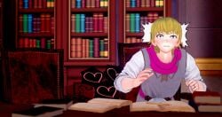 1boy 1girls 3d ahe_gao belt blonde_hair blush book chair clenched_teeth dropping fellatio female fire_emblem fire_emblem_fates grey_hair hamma_hamma heart indoors library long_sleeves male male_focus meme nintendo on_chair oral pen red_eyes ring shocked short_hair siegbert_(fire_emblem) sitting solo_focus speech_bubble stealth_sex suprised sweat under_table under_the_table velouria_(fire_emblem) wide_eyed wolf_girl