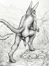 absurd_res anthro ass balls bodily_fluids claws dragon erection fur furred_dragon genital_fluids genitals hi_res king-owl knot looking_at_viewer male mammal mismatch_(character) nude outside penis rear_view smile solo tail