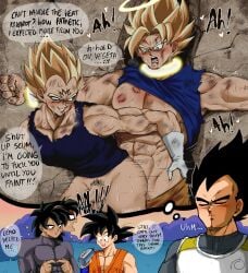 3boys abs absurdres anal ass bara black_bodysuit black_hair blonde_hair blood blood_from_mouth blue_bodysuit bodysuit boner bound bound_wrists broly clothes_pull dougi dragon_ball dragon_ball_super dragon_ball_z english_text erection facial_mark gay halo highres injury large_pectorals looking_at_another majin_vegeta male_focus male_only male_pubic_hair multiple_boys muscular muscular_male navel nosebleed open_mouth pants pants_pull pectorals penis pubic_hair restrained sex sex_from_behind short_hair sinnia smile son_goku spiked_hair torn_bodysuit torn_clothes vegeta yaoi