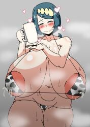 1girls big_breasts bikini blue_eyes blue_hair blush blushing breasts busty cow_print cow_print_bikini curvaceous curvy curvy_body curvy_female curvy_figure female game_freak huge_breasts jar lana's_mother_(pokemon) large_breasts milf mother nintendo nishiki_(artist) pokemon pokemon_(game) pokemon_sm smile smiling smiling_at_viewer voluptuous