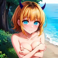 ai_generated aqua_eyes beach blonde_hair breasts covered_nipples exhibitionism fake_horns hentai_world memcho oshi_no_ko sea seaside short_hair topless