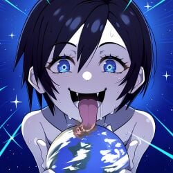 ai_generated black_hair blue_eyes destruction earth fangs giantess giga_giantess kingdom_hearts nai_diffusion short_hair tongue tongue_out xion