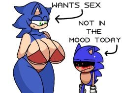 1boy 1girls alternate_dimension animal annoyed black_sclera classic_sonic classic_sonic.exe creepypasta demon demon_hedgehog doppelganger female furry hedgehog height_difference horny red_eyes rule_63 shorter_male sigma_male size_difference sonexe sonic.exe sonic.exe_(character) sonic.exe_(creepypasta) sonic.exe_(series) sonic_(series) sonic_the_hedgehog sonic_the_hedgehog_(series) sonique_the_hedgehog uninterested video_games wanting_sex white_background