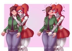 2girls animatronic animatronic_female belly_button belly_button_visible_through_clothing belt big_breasts black_shirt blue_eyeshadow blush blushing_at_partner breast_grab breast_grab_from_behind breast_press breast_squeeze brown_belt brown_eyes brown_hair charlie_emily circus_baby_(fnaf) circus_baby_(novel) clown clown_girl clown_makeup clown_nose exposed_panties eyebrow_raise female/female females_only fingers_on_chin five_nights_at_freddy's five_nights_at_freddy's:_sister_location fnaf_novels forced_kiss forced_yuri groping groping_breasts groping_from_behind groping_through_clothes hand_on_breast hand_on_hip jeans kissing large_thighs medium_breasts no_nude panties panties_exposed pulling_clothing purplehorny red_fingernails red_hair red_hair_female robot robot_girl robot_humanoid robot_joints standing sweatdrop technical_selfcest the_fourth_closet_(fnaf) thick_thighs thighs white_skinned_female wide_hips yuri