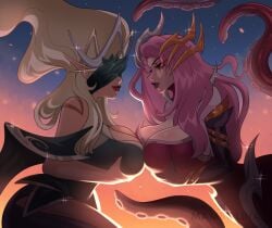 2girls big_breasts blindfold blonde_hair breast_grab breasts coven_janna coven_nami eclipse_series elf_ears female female/female female_focus grabbing_breasts hair_ornament janna_windforce league_of_legends legends_of_runeterra mambolina nami_(league_of_legends) pink_hair tentacle