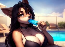 1girls ai_generated animal_ears animal_humanoid anthro black_hair brown_eyes canid canine character_request choker female furry furry_ears furry_female furry_only goth karkinosai long_hair oral oral_sex original original_character patreon patreon_username petite pool poolside popsicle sexually_suggestive stable_diffusion twitter twitter_username watermark