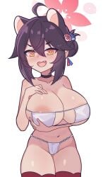 1girl 1girls ahoge allied_hyakkiyako_academy_student ancort animal_ears areola_slip bangs bikini black_choker black_hair blue_archive blush breasts choker cleavage collarbone eyepatch_bikini flower fundoshi hair_between_eyes hair_bun hair_flower hair_ornament halo highres huge_breasts inner_discipline_club_(blue_archive) japanese_clothes kaede_(blue_archive) large_breasts looking_at_viewer navel oerba_yun_fang open_mouth petite ribbon-trimmed_thighhighs short_stack shortstack simple_background single_side_bun skin_fang smile solo swimsuit thighhighs white_background white_bikini yellow_eyes