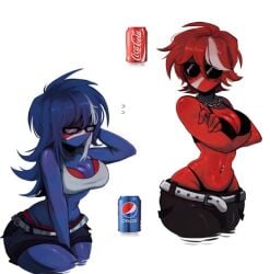 2females 2girls black_bra blue_body blue_hair blue_skin chain_necklace coca-cola coca-cola_chan coke coke_or_pepsi glasses humanized miau mrcaldo multiple_girls pepsi pepsi_chan red_body red_bra red_hair red_skin short_hair shorts soda soda_can sunglasses tagme tank_top white_clothing