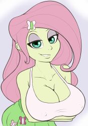 1girls artist_request bedroom_eyes big_breasts breasts cleavage equestria_girls erect_nipples female female_only fluttershy_(eg) fluttershy_(mlp) friendship_is_magic green_eyes hasbro large_breasts looking_at_viewer my_little_pony nipple_bulge pink_hair pokies smile solo solo_female tank_top