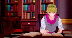 1boy 1girls 3d belt blonde_hair book chair female fire_emblem fire_emblem_fates hamma_hamma holding holding_object holding_pen hood imminent_fellatio imminent_oral imminent_sex indoors library long_sleeves male male_focus meme nintendo on_chair pen picking_up reading red_eyes ring short_hair siegbert_(fire_emblem) sitting smile solo_focus under_table under_the_table velouria_(fire_emblem) wolf_girl