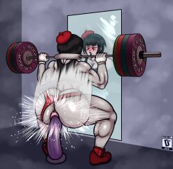 1girls anal anal_masturbation anus ass barbell beret biceps big_ass black_hair bottomless breasts bubble_butt commission crop_top dildo dildo_in_ass dynamik808 exercise face_tattoo fat_ass female female_only grey_skin hat indoors large_ass mirror mirror_reflection muscular muscular_female original original_character panties panties_aside sex_toy sex_toy_in_ass sexercise shoes solo squatting tattoo thick_ass thick_thighs thunder_thighs weightlifting weights wide_hips workout