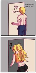 1boy 1girls bathroom black_shorts blonde_female blonde_hair clothed_female clothed_male female jaune_arc male mr.russo ponytail rwby shirtless_male tank_top whistling yang_xiao_long