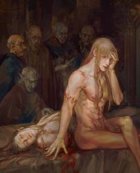 blood brown_hair completely_nude crossed_legs detailed detailed_background dual_persona fú_shàn_yǎn_hú_yì gintama light_brown_hair long_hair long_hair_male looking_at_viewer male male_only multiple_boys muscular muscular_male nude painting_(artwork) surreal utsuro_(gintama) yoshida_shouyo