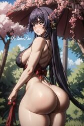 ai_generated big_ass big_breasts black_sclera blush bottomless bubble_butt female female_only hime_cut huge_ass kengan_(series) kengan_ashura kjames kure_karla long_hair looking_at_viewer looking_back nipple_bulge outside purple_hair rear_view sideboob solo thick_thighs very_long_hair wide_hips