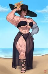 1girls bandaged_arm bandages beach black_hair commission female female_only flower_on_hat gattles hand_on_hip hat hi_res large_hat looking_at_viewer muscles muscular muscular_female muscular_thighs o-ring sandals scar_across_nose scars scars_all_over seaside smiling smiling_at_viewer solo thong topwear