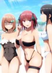 3girls asobi_night bikini black_bikini black_hair black_one-piece_swimsuit breast_envy breasts brown_hair cleavage colorized cross-laced_bikini cross-laced_clothes frilled_bikini frilled_one-piece_swimsuit frills go-toubun_no_hanayome highres kosmos_beta large_breasts long_hair looking_at_breasts medium_breasts medium_hair multiple_girls nakano_nino one-piece_swimsuit purple_eyes red_hair shaded_face skindentation small_breasts staring_at_breasts strapless strapless_bikini swimsuit white_bikini