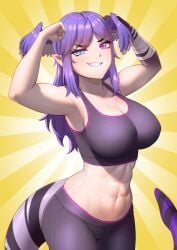 1girls abs breasts cipher4109 female female_focus female_only flexing_muscles full_color large_breasts nijisanji nijisanji_en pointy_ears selen_tatsuki smiling tail virtual_youtuber