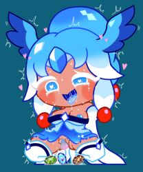 blue_eyes blue_hair blue_mouth blue_nipples blue_slushy_cookie blush braided_ponytail breasts cookie_run crying dark_blue_background dress_lift drooling egg egg_laying eggs gem_on_forehead gradient_hair half-closed_eyes heart-shaped_pupils hearts long_sleeves lorennsfw pussy saliva salivating socks squirting sweat sweating tears tongue tongue_out vibrator visible_breasts visible_pussy wings_on_head