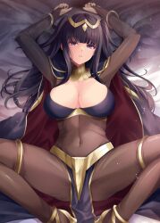 1girls armpits arms_up bangs bed bed_sheet bedroom_eyes black_cape black_hair black_nails blunt_bangs bodystocking bracelet breasts bridal_gauntlets cape circlet cleavage clenched_teeth commentary_request covered_navel female female_only fire_emblem fire_emblem_awakening from_above gold_trim high_heels jewelry kirishima_satoshi large_breasts long_hair looking_at_viewer lying midriff nail_polish neck_ring nintendo on_back on_bed paid_reward_available parted_lips pelvic_curtain purple_eyes red_cape shadow sidelocks solo spread_legs tharja_(fire_emblem) thighlet two-sided_cape two-sided_fabric two-tone_cape two_side_up