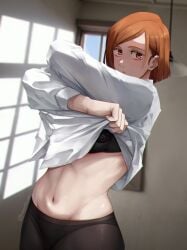 1girls black_bra bra brown_eyes brown_hair clothes_lift female female_only highres inkspirate jujutsu_kaisen kugisaki_nobara looking_at_viewer navel panties panties_under_pantyhose pantyhose shirt shirt_lift short_hair solo underwear undressing white_shirt window