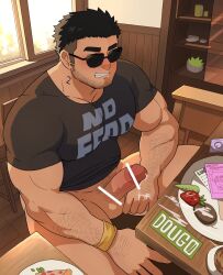 1boy arm_hair bar_censor bara beard_stubble black_hair bottomless censored cum cum_on_hands erection feet_out_of_frame food from_above grin hand_hair highres ho_tdoug huge_eyebrows large_pectorals looking_at_viewer lucas_lee male_focus male_only muscular muscular_male number_tattoo pectorals penis pubic_hair scott_pilgrim scott_pilgrim_takes_off shirt short_hair short_sleeves sitting smile solo sparse_pubic_hair sunglasses t-shirt tattoo tight_clothes tight_shirt