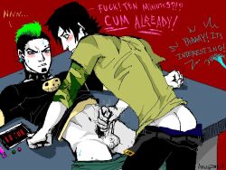 2boys artist_request ass balls black_hair black_shirt blue_eyes butt_crack duncan_(tdi) gay green_eyes green_hair green_shirt male male_only masturbation messy_hair multiple_boys penis puberty pubic_hair punk_hair rubbing_penis total_drama_(series) total_drama_island trent_(tdi) yaoi