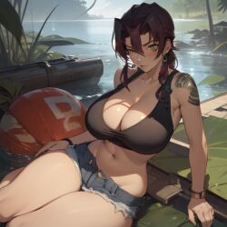 ai_generated alternate_breast_size black_lagoon burgundy_hair daisy_dukes huge_breasts jean_shorts jungle large_breasts pixai revy tank_top tattoo tribal_tattoo