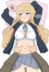 1boy ai_generated belly_grab blonde_hair blue_eyes blue_jacket blush bow bow_bra bra breath brush404 cleavage clothed_female embarassed erect_nipples_under_bra erect_nipples_under_clothes fat female fondling from_above grey_skirt jacket k-on! large_breasts long_sleeves looking_away lying navel nipples_visible_through_bra nipples_visible_through_clothing on_bed open_jacket open_mouth panties pillow pleated_skirt plump pov ribbon school_uniform sheets shirt shirt_lift skirt speech_bubble stable_diffusion sweat thick_eyebrows tsumugi_kotobuki_(k-on!) wet wet_panties white_bra white_panties white_shirt