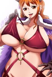 1girls 2023 absurd_res beast_pirates_(cosplay) breasts brown_eyes curvaceous curvy earrings emuryu1530 female female_focus female_only gloves hand_on_hip huge_breasts hyper_breasts long_hair nami one_piece orange_hair post-timeskip seductive simple_background solo solo_female solo_focus tongue tongue_out white_background