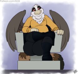 anthro avian balls balls_outline beak big_bulge bulge clothed clothing digital_media_(artwork) drxii feathered_wings feathers fur genital_outline gryphon hi_res huge_bulge hyper hyper_bulge male mythological_avian mythology simple_background smile solo star_trek tail uniform wings