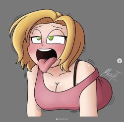 1girls ahe_gao alicia_(fnafhs) artist_request big_breasts blonde_hair breasts chica's_mom_(fnafhs) clothed embarrassed fhs fhsz3r0 fnafhs fnafhs_z3ro fnafhsrule34 green_eyes mama_de_chica_(fnafhs) milf open_mouth tagme tongue_out upper_body