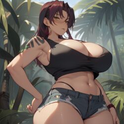 ai_generated alternate_breast_size black_lagoon burgundy_hair daisy_dukes huge_breasts jean_shorts jungle large_breasts pixai revy tank_top tattoo tribal_tattoo