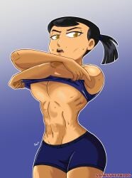 2021 abs big_breasts black_hair breasts brown_eyes busty eva_(tdi) female female_focus female_only hourglass_figure long_hair muscle_tone navel ponytail stewsspicyblog sweat tagme toned toned_female total_drama_island underboob undressing wide_hips