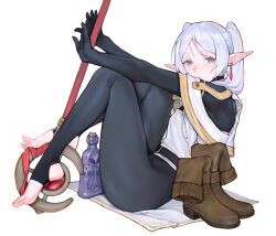 1girls barefoot blue_eyes boots boots_removed crouching feet female frieren gloves iuui leggings legs legs_up long_hair long_sleeves looking_at_viewer solo sousou_no_frieren stirrup_legwear toes white_hair