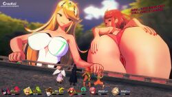 2boys 3d 4girls arms_(game) ass bending_over big_ass big_breasts blonde_hair breasts clothed crossover croxkoi female giant_couple giantess gigantic_ass health_bar holding_ass huge_ass huge_breasts joker_(persona) kid_icarus kid_icarus_uprising large_ass large_breasts larger_female macro male megami_tensei metroid min_min_(arms) multiple_boys multiple_girls mythra nintendo persona persona_5 pit pit_(kid_icarus) pussy pyra red_hair ren_amamiya samus_aran smaller_female smaller_male smug super_smash_bros. teasing text xenoblade_(series) xenoblade_chronicles_2