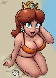 1girls alternate_version_available big_breasts bikini bikini_bottom bikini_top blue_eyes bottomwear breasts brown_hair cleavage crown ear_piercing earrings female female_only freckles freckles_on_chest freckles_on_face hair headwear huge_breasts lips mario_(series) nintendo orange_bikini princess_daisy revtilian shell smile solo solo_female soubriquetrouge thick_thighs thighs topwear