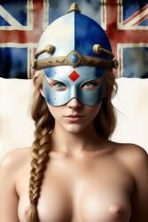 1girls ai_generated blonde_hair blue_eyes braid braided_ponytail britain british british_flag england english female flag helmet history light-skinned_female national_personification nipples ponytail uk united_kingdom upper_body