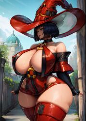 1girls ai_generated black_hair blue_eyes bob_cut covered_nipples exposed_shoulders female female_only fingerless_gloves guilty_gear hat huge_breasts i-no looking_away outdoors outside skindentation tampopo thick_thighs thighhighs venus_body wide_hips witch witch_hat