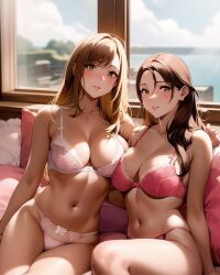 2girls ai_generated ai_mirror artist_request bed belly_button blush breast_to_breast brown_eyes brown_hair building character_request cushion female female_only hand_behind_back hand_on_shoulder light_skin long_hair looking_at_viewer medium_breasts nervous_smile pink_bra pink_panties pink_underwear sitting window