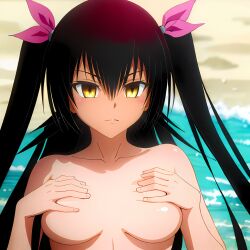 ai_generated beach breasts covered_nipples covering covering_breasts dark_skin hentai_world master_nemesis sea seaside small_breasts to_love-ru to_love-ru_darkness topless